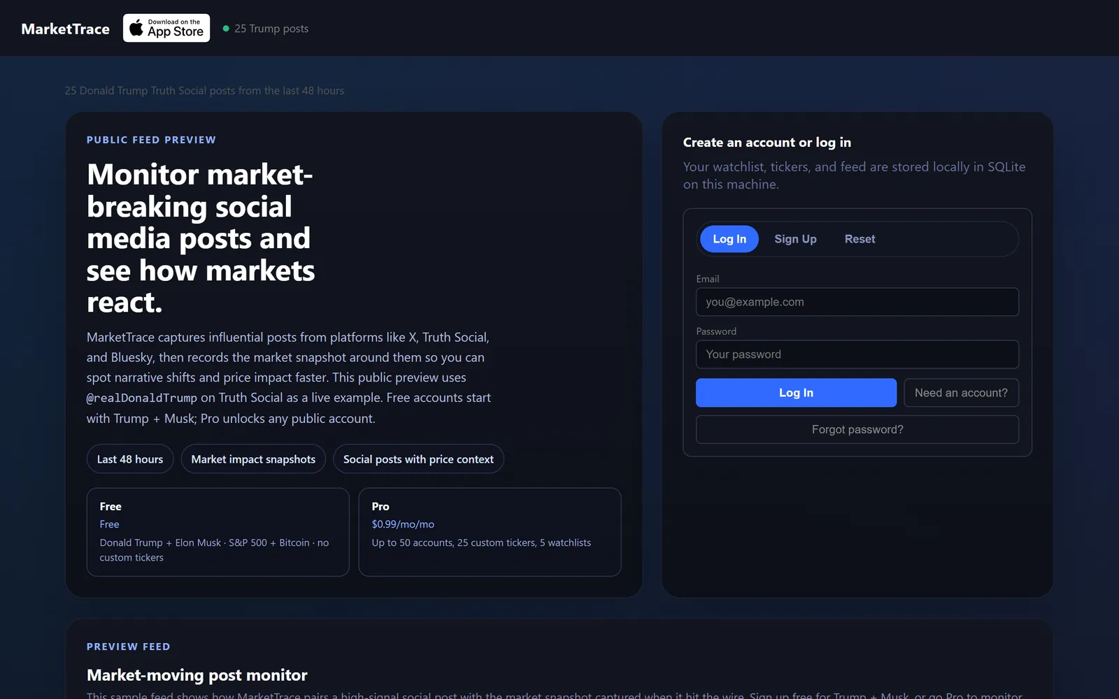 MarketTrace public homepage: a public feed preview headlined “Monitor market-breaking social media posts and see how markets react,” with Free and Pro plan summaries beside a log-in panel.