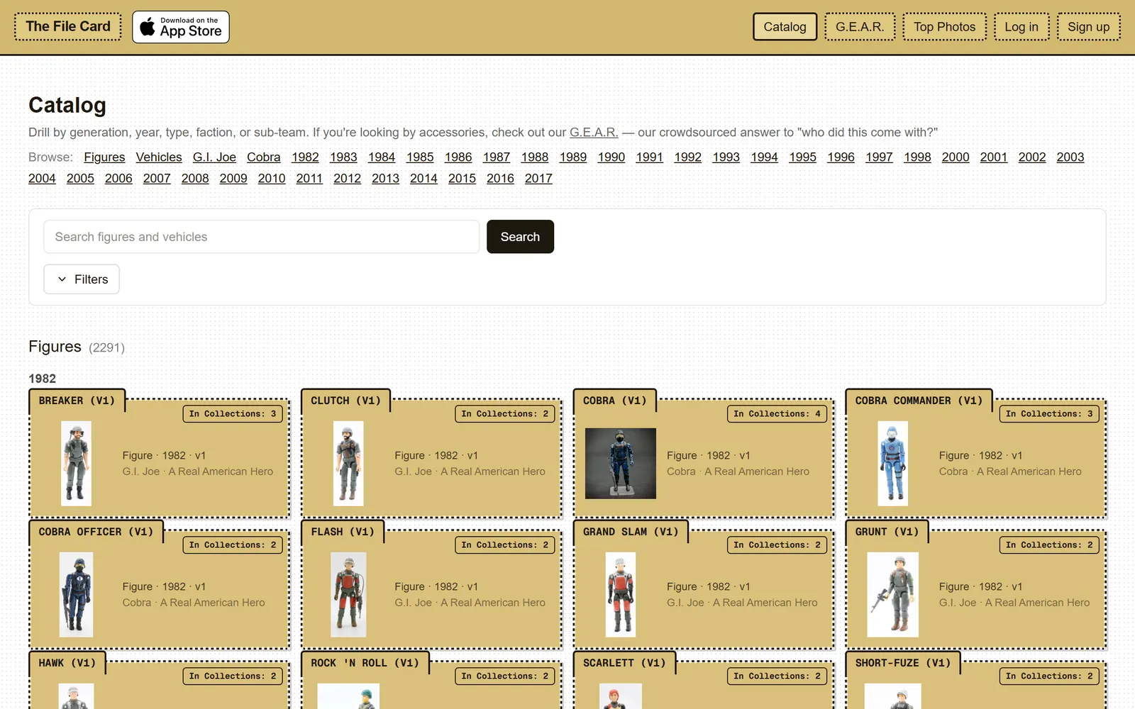 The File Card catalog page: year and faction browse links, a search bar, and file-card tiles for 1982 figures such as Breaker, Cobra Commander, and Grunt, each with a collector photo and collection count.